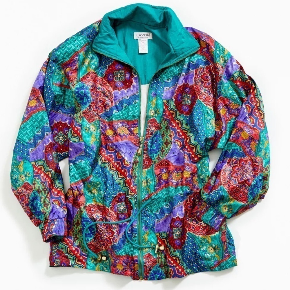 Vintage ‘90s Funky Patterned Multi color synch waist Jacket large women’s
